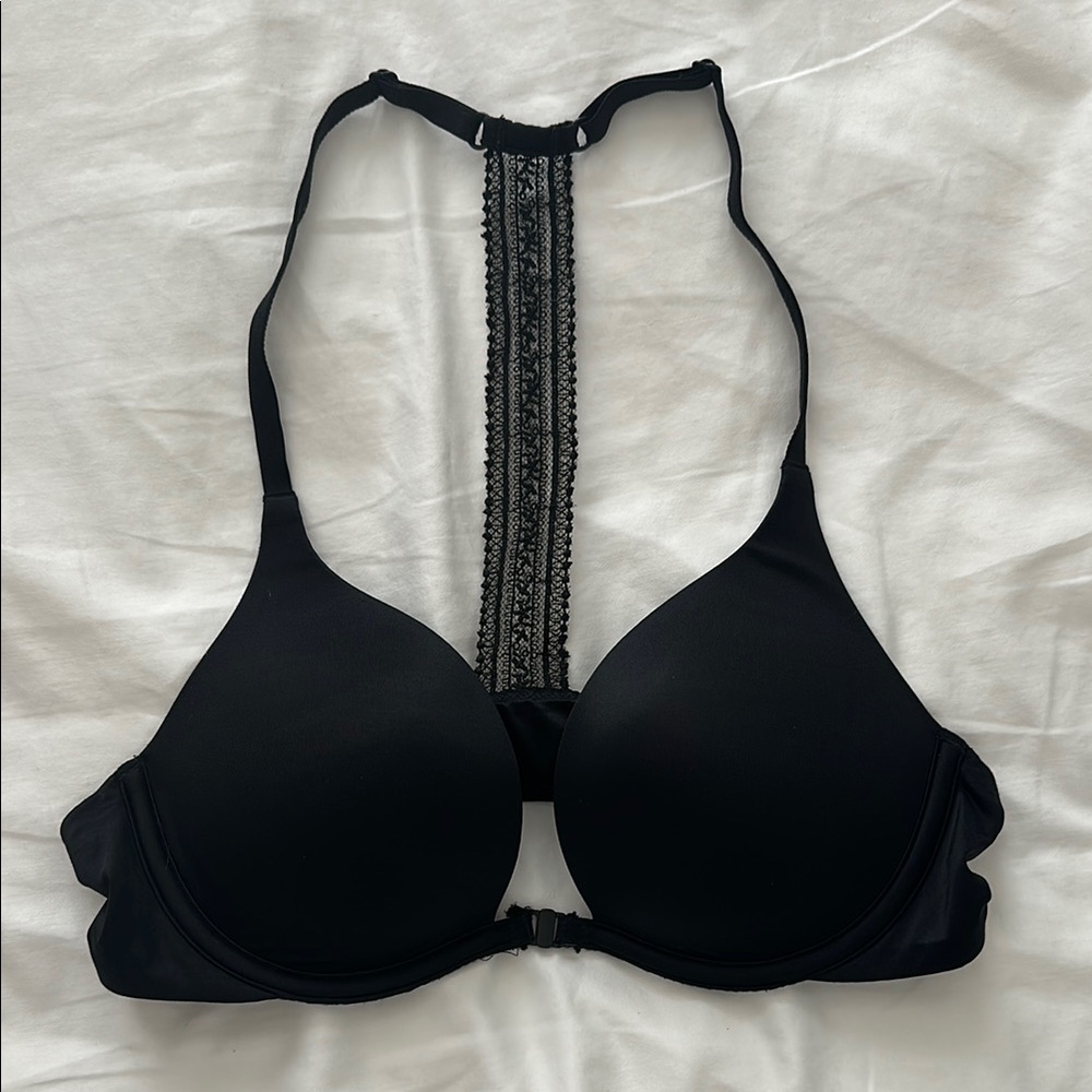 Victoria Secret Black Bra, 34B, Racerback, Lace detail, front clasp